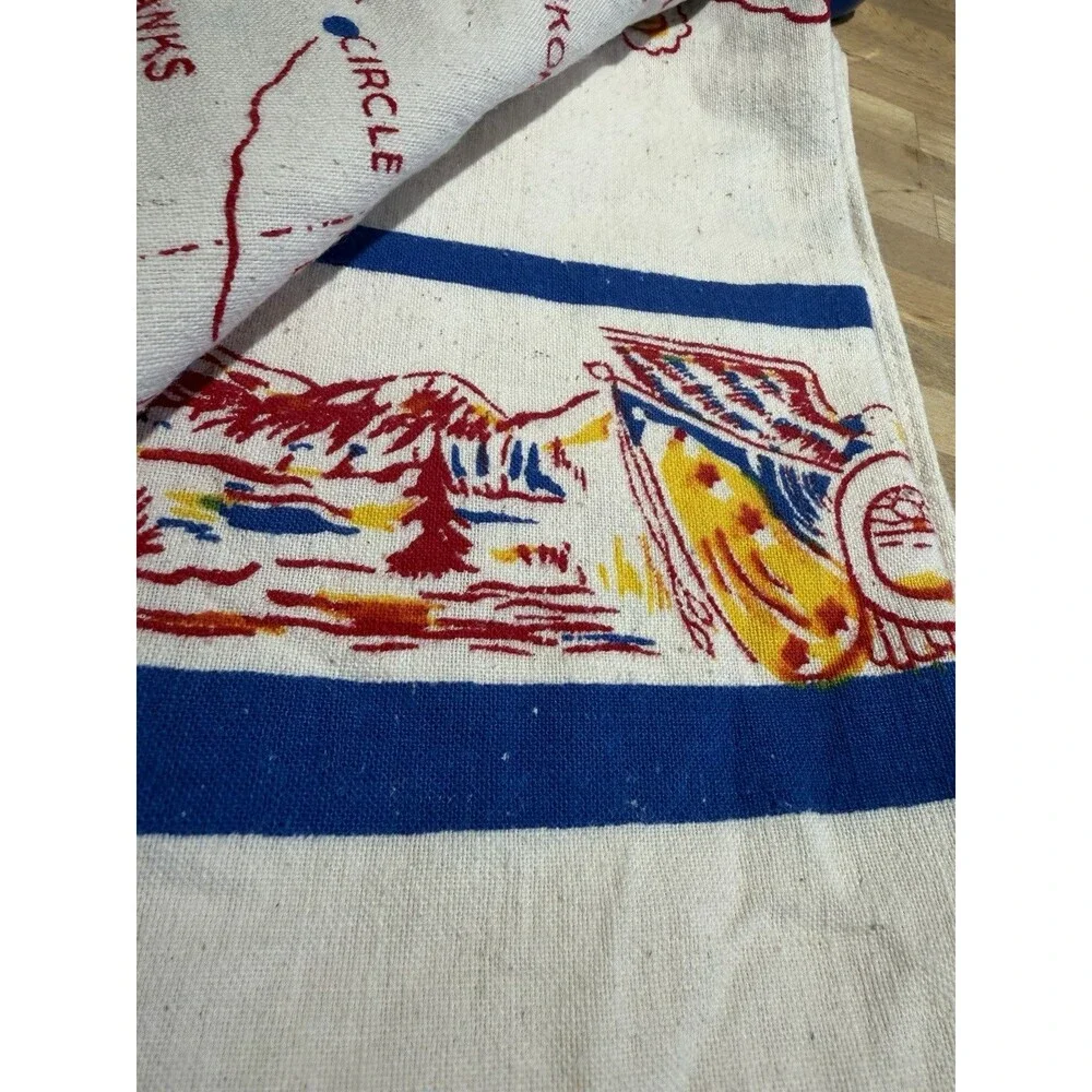 VTG Majestic Alaska Map Souvenir Linen Tablecloth Handkerchief LARGE 44x49 60s